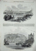 Old Antique Print 1845 Palace Stolzenfels Rhine Ehrenbreitstein Coblentz 19th