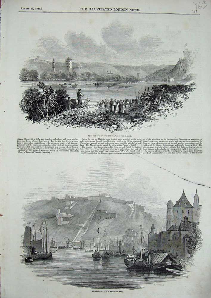 Old Antique Print 1845 Palace Stolzenfels Rhine Ehrenbreitstein Coblentz 19th