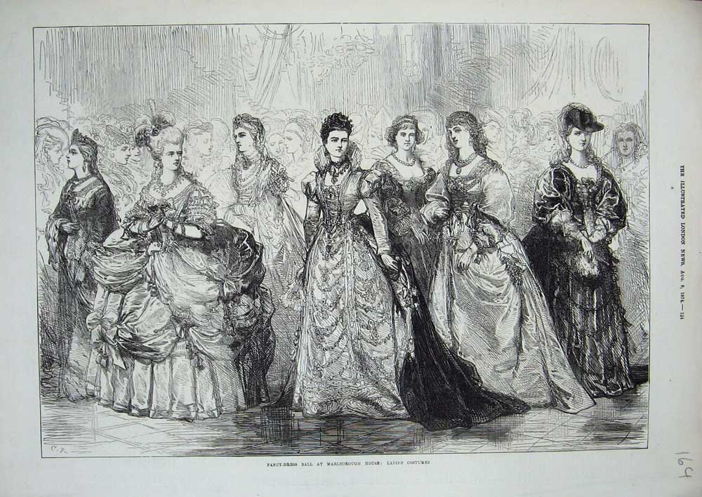 Old Antique Print 1874 Fancy Dress Ball Marlborough House Ladies Costumes 19th