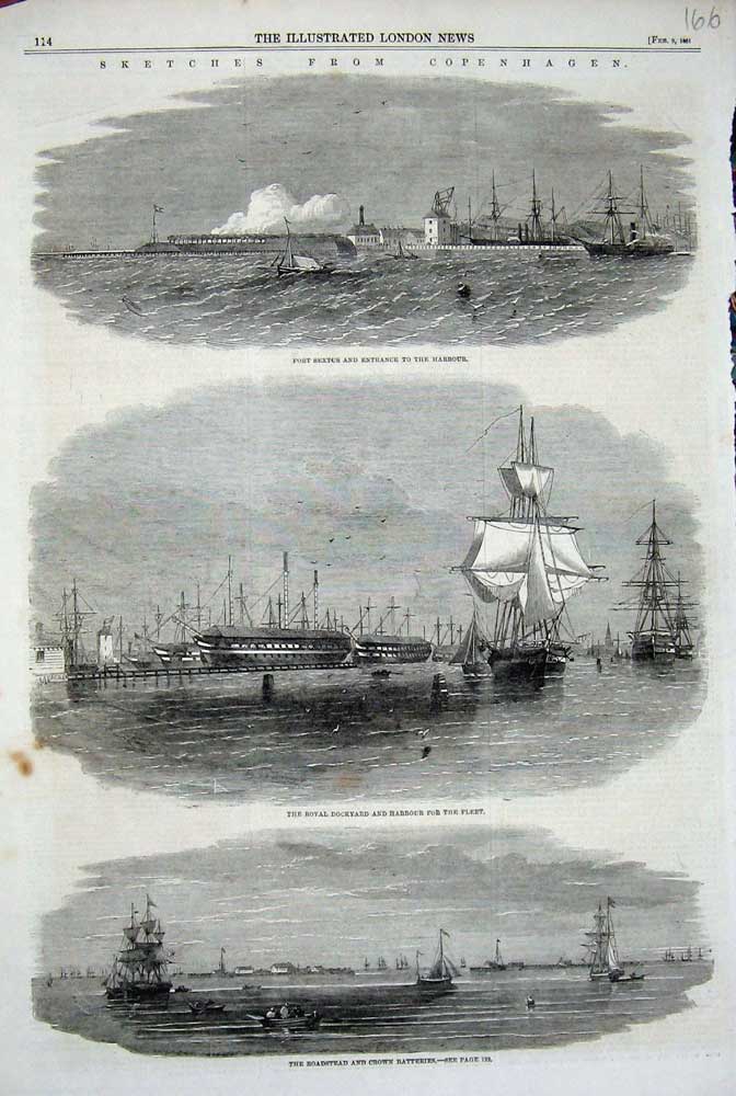 Original Old Antique Print 1861 Copenhagen Fort Sextus Harbour Dockyard Ships