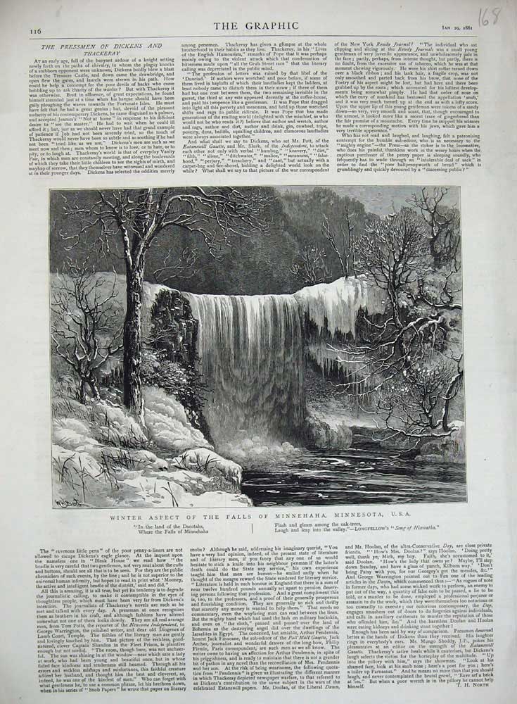 Original Old Antique Print 1881 Winter Aspect Falls Minnehaha Minnesota America