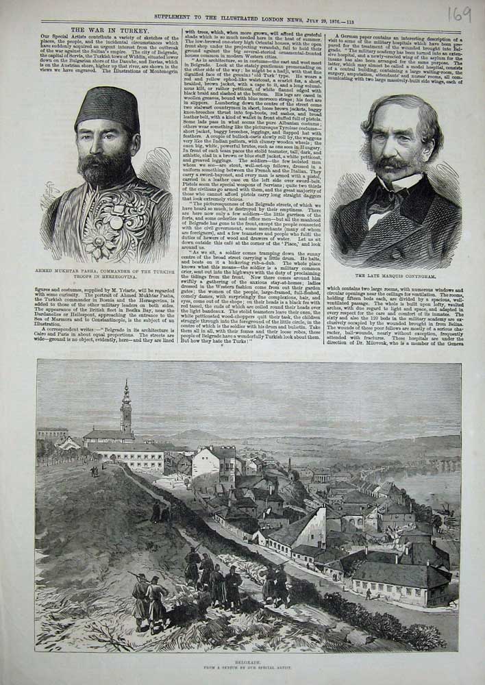 Old Antique Print 1876 Belgrade Ahmed Pasha Commander Herzegovina Marquis 19th