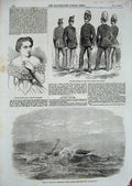 Original Old Antique Print 1854 Ship Douro China Sea Madame Cabel Siers Uniform