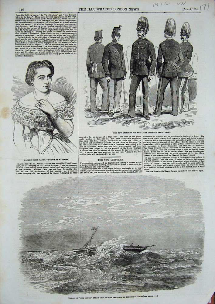 Original Old Antique Print 1854 Ship Douro China Sea Madame Cabel Siers Uniform