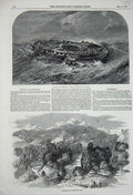 Original Old Antique Print 1850 Darjeeling Mountains Trees Ship Wreck Indiaman