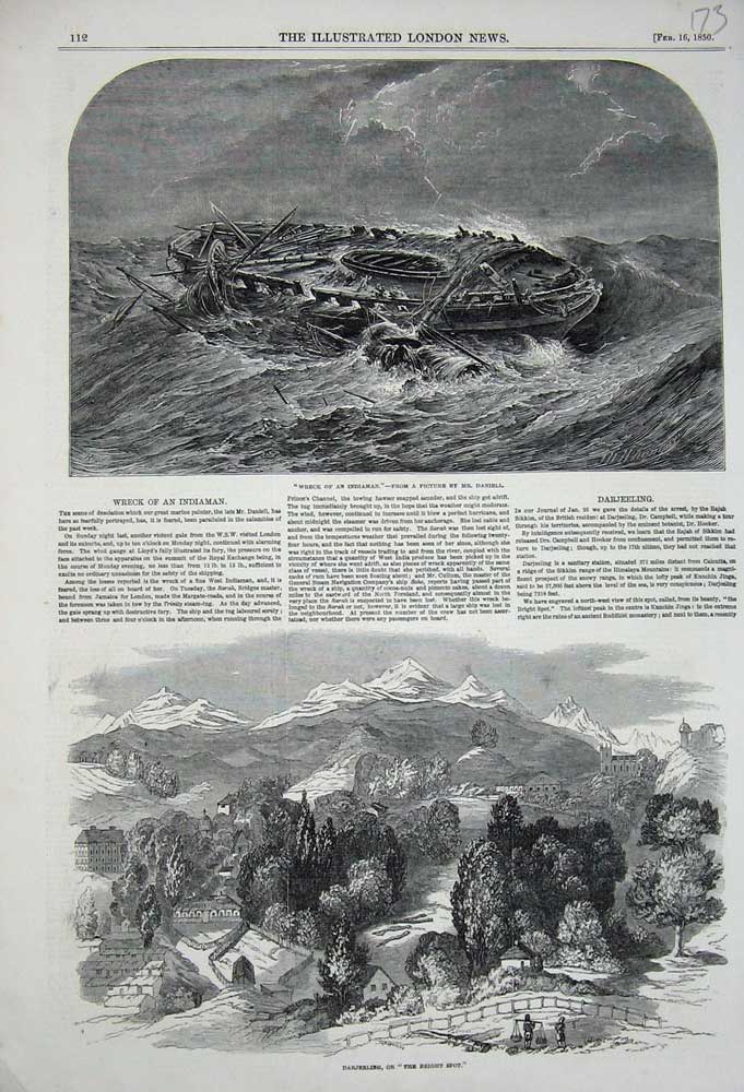 Original Old Antique Print 1850 Darjeeling Mountains Trees Ship Wreck Indiaman