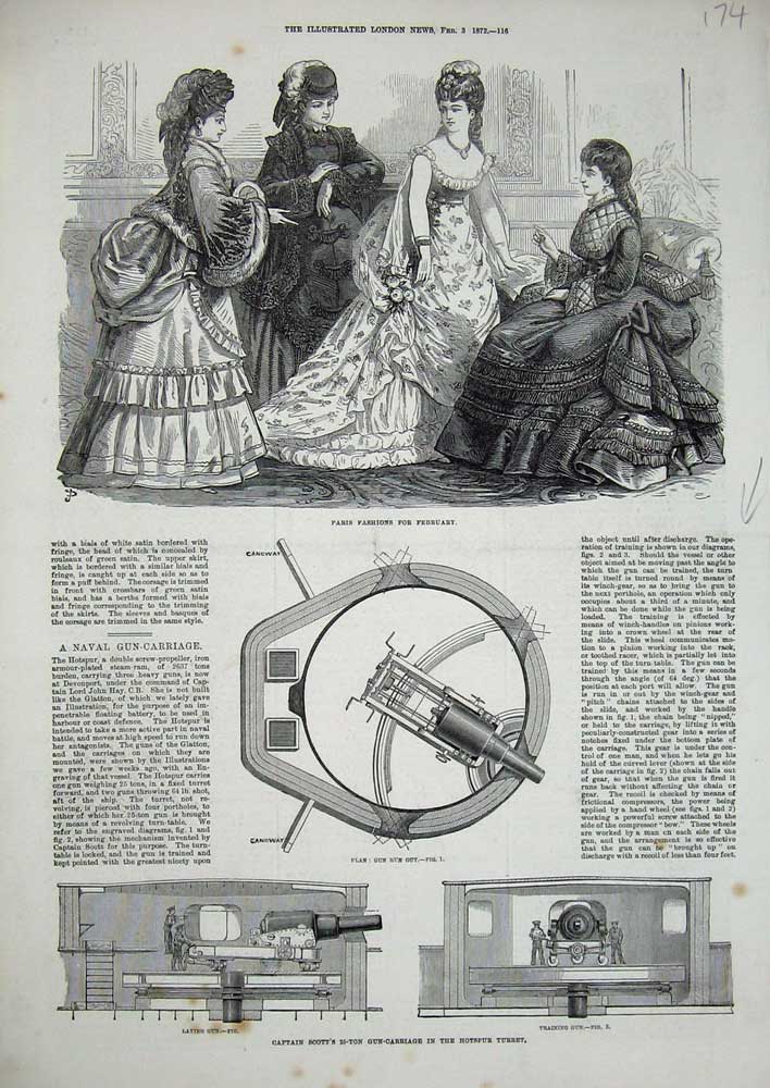 Old Antique Print 1872 Paris Fashion Captain Scott Gun-Carriage Hotspur 19th