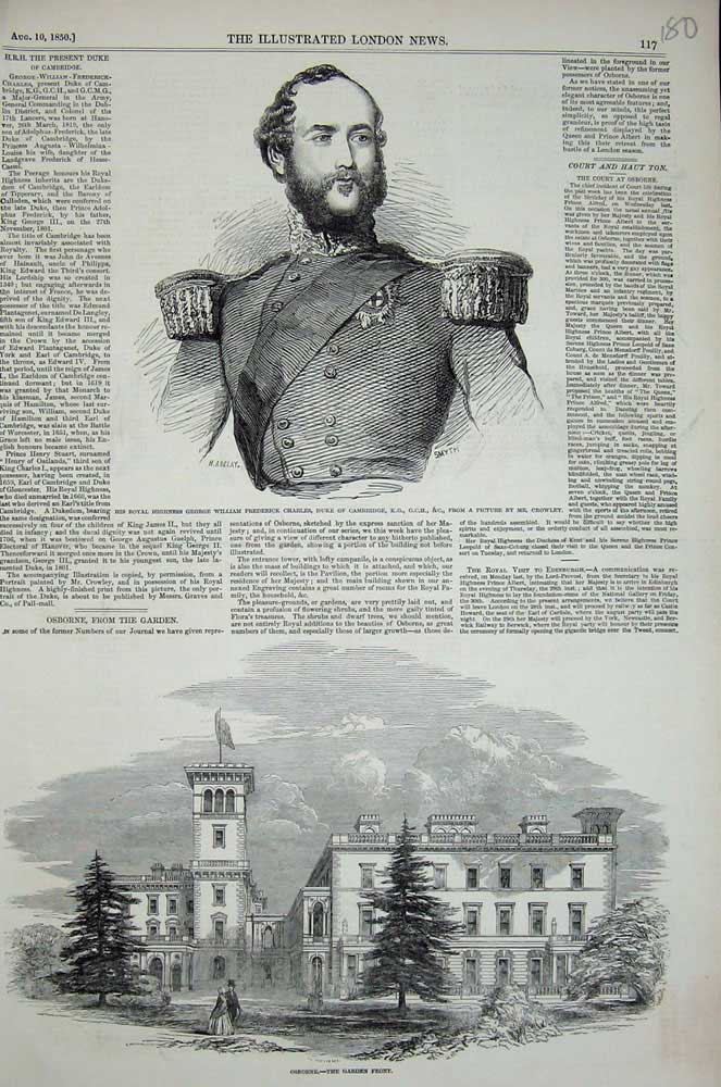 Original Old Antique Print 1850 Osborne House George Charles Duke Cambridge