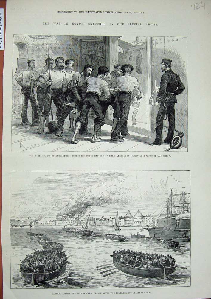 Old Antique Print 1882 War Egypt Alexandria Ship Trops Khedive'S Palace 19th