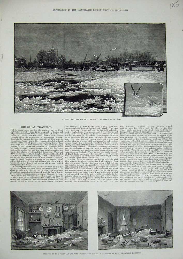 Old Antique Print 1881 River Thames Putney Snow Flood Lambeth Storm Art 19th