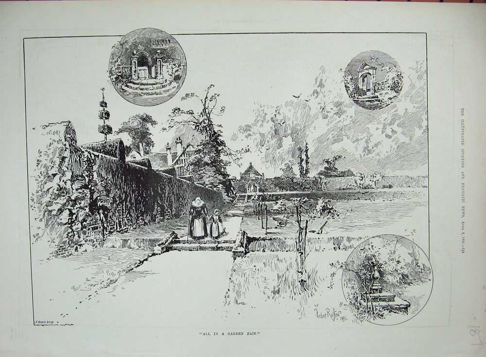 Original Old Antique Print 1891 Garden Trees House Fence Hedge Nature Victorian