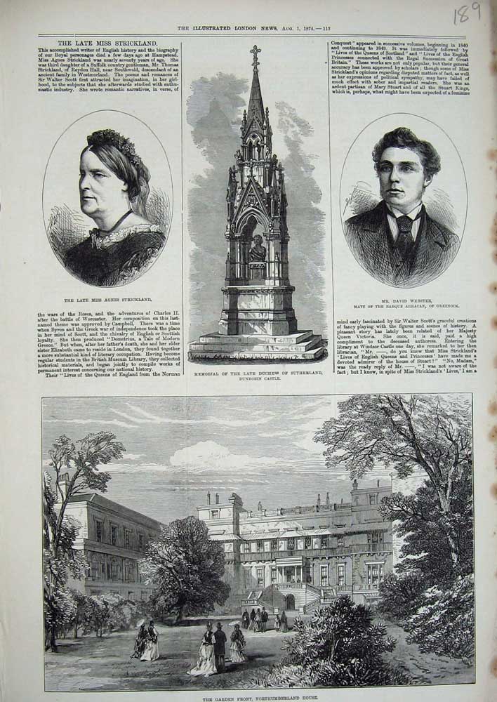 Original Old Antique Print 1874 Northumberland House Duchess Sutherland Golspie