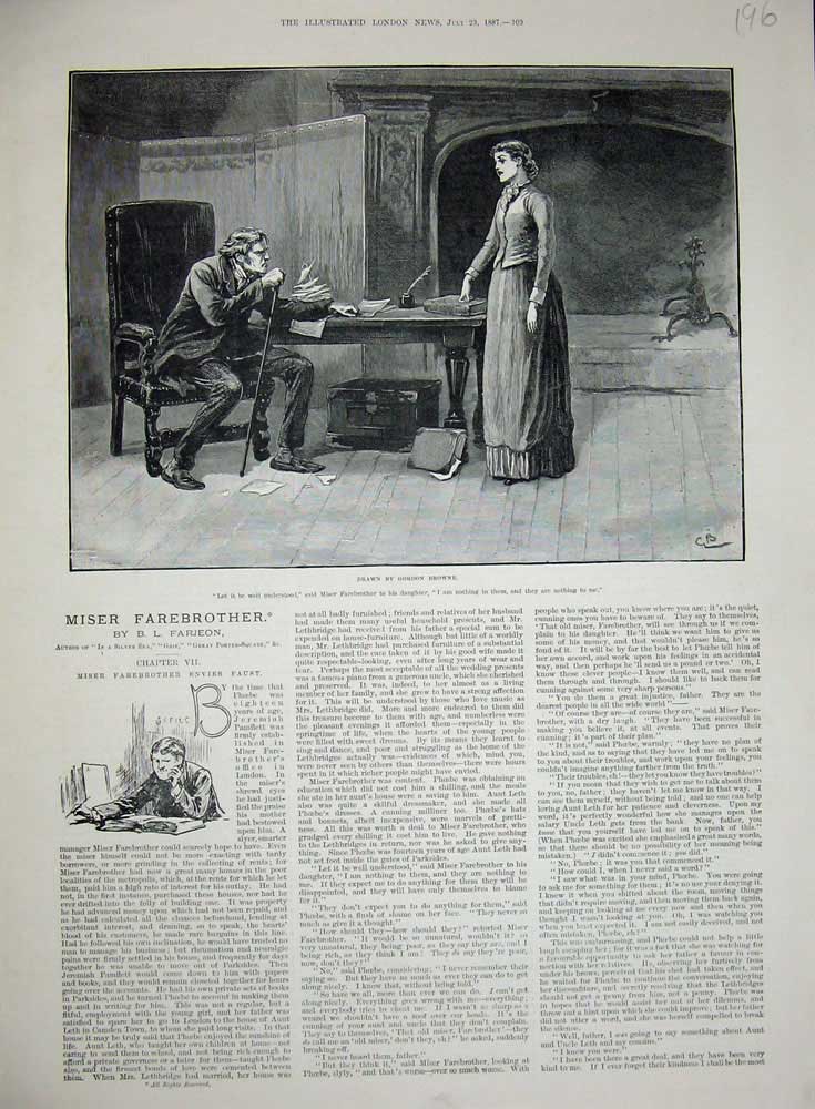 Original Old Antique Print 1887 Miser Farebrother Gordon Browne Daughter 19th