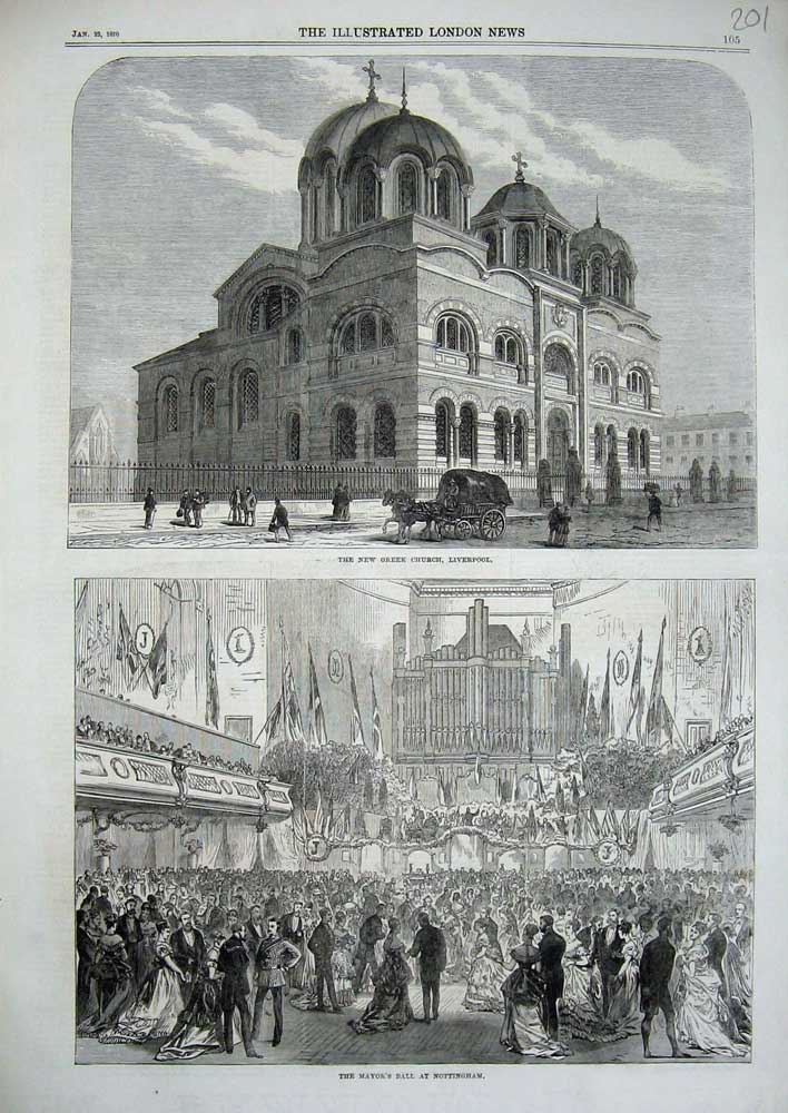 Old Antique Print 1870 New Greek Church Liverpool Mayor'S Ball Nottingham 19th
