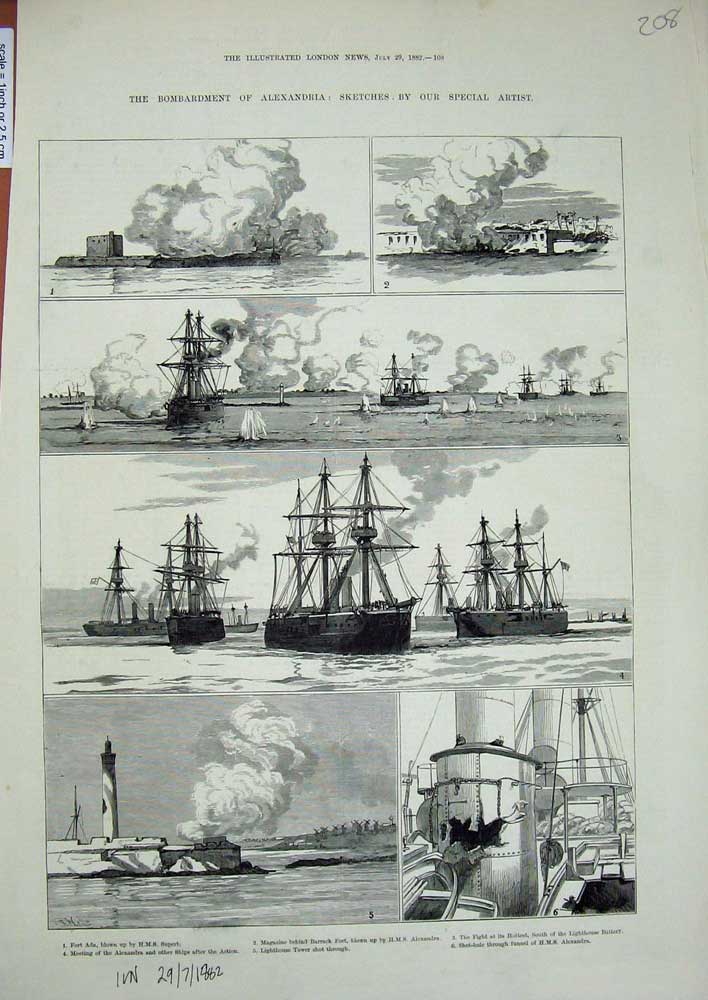 Original Old Antique Print 1882 Bombardment Alexandria Ship Superb Ada Fort War