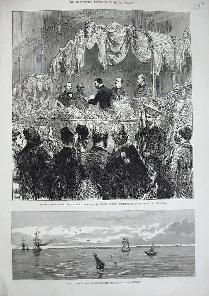 Old Antique Print 1876 Saugor Island Lighthouse Hooghly Aquarium Garden 19th