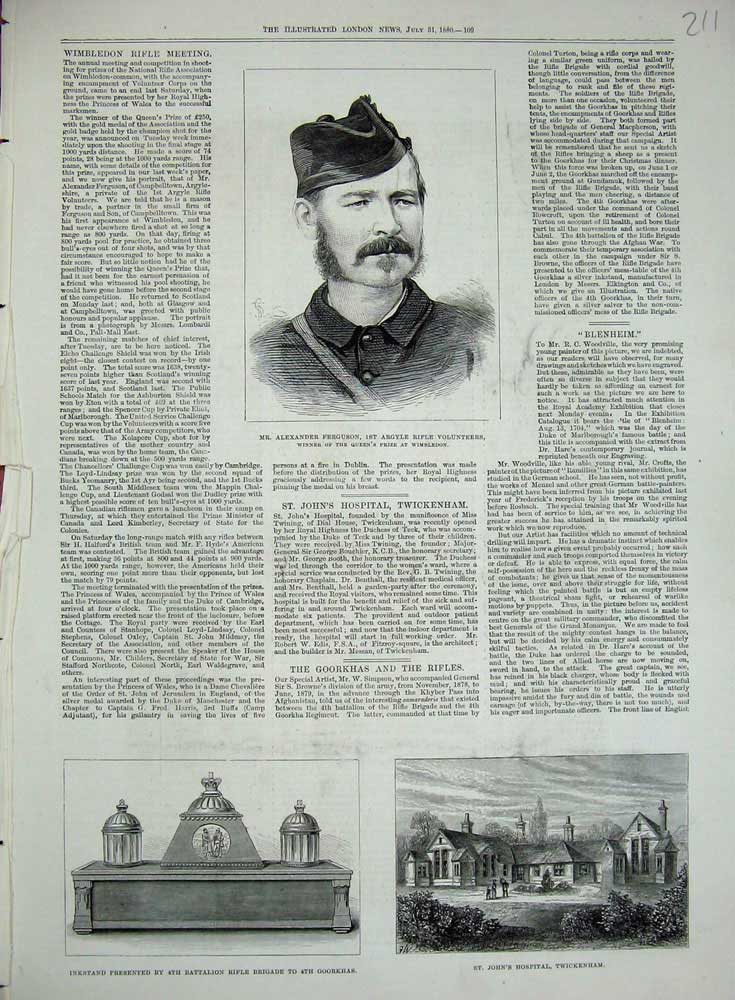Original Old Antique Print 1880 Alexander Ferguson Inkstand Goorkhas Hospital