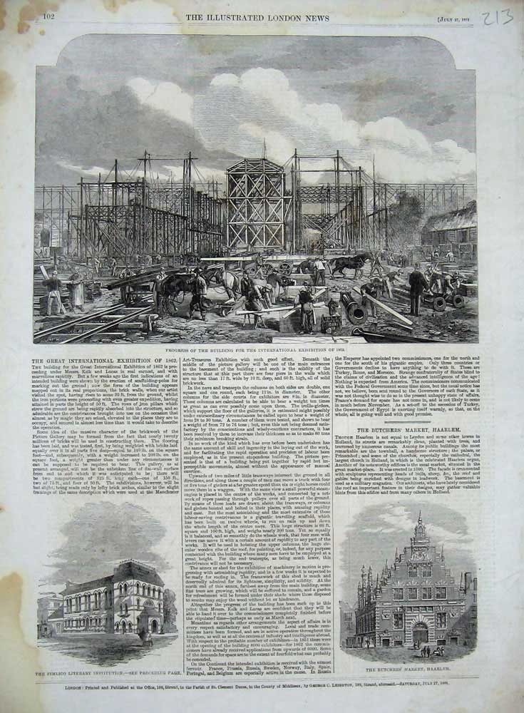 Old Antique Print 1861 Pimlico Literary Butchers Haarlem Building Works 19th
