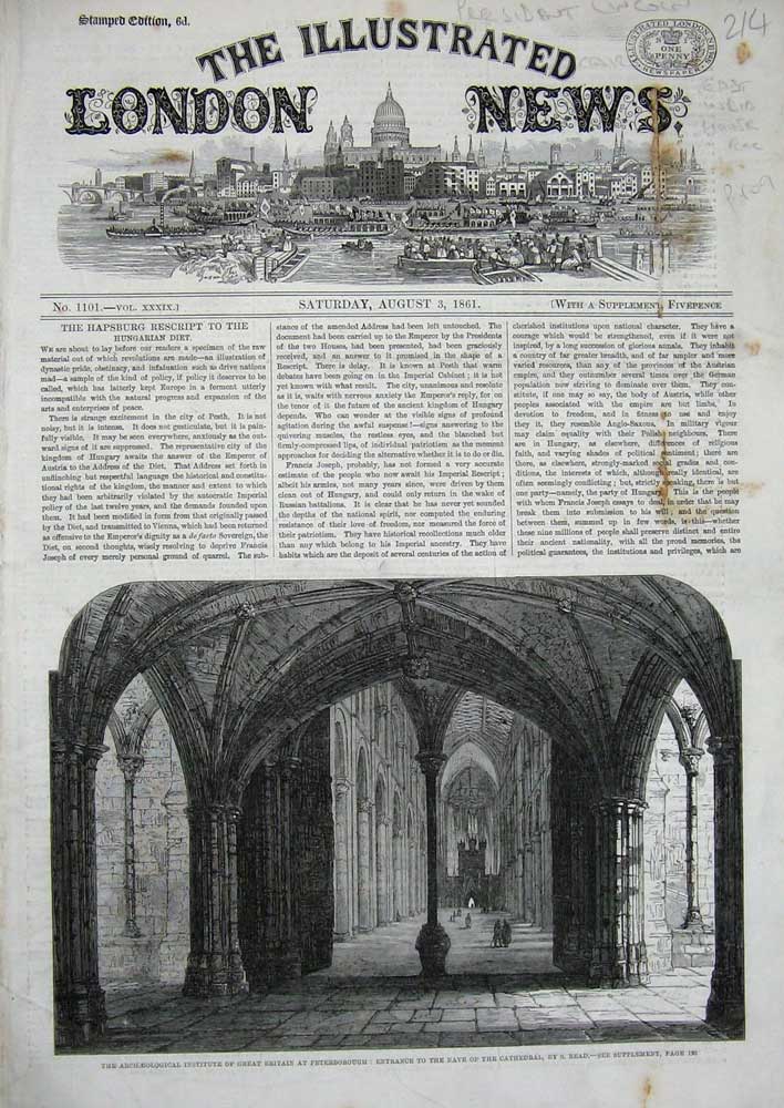 Original Old Antique Print 1861 Archaelogical Institute Peterborough Cathedral