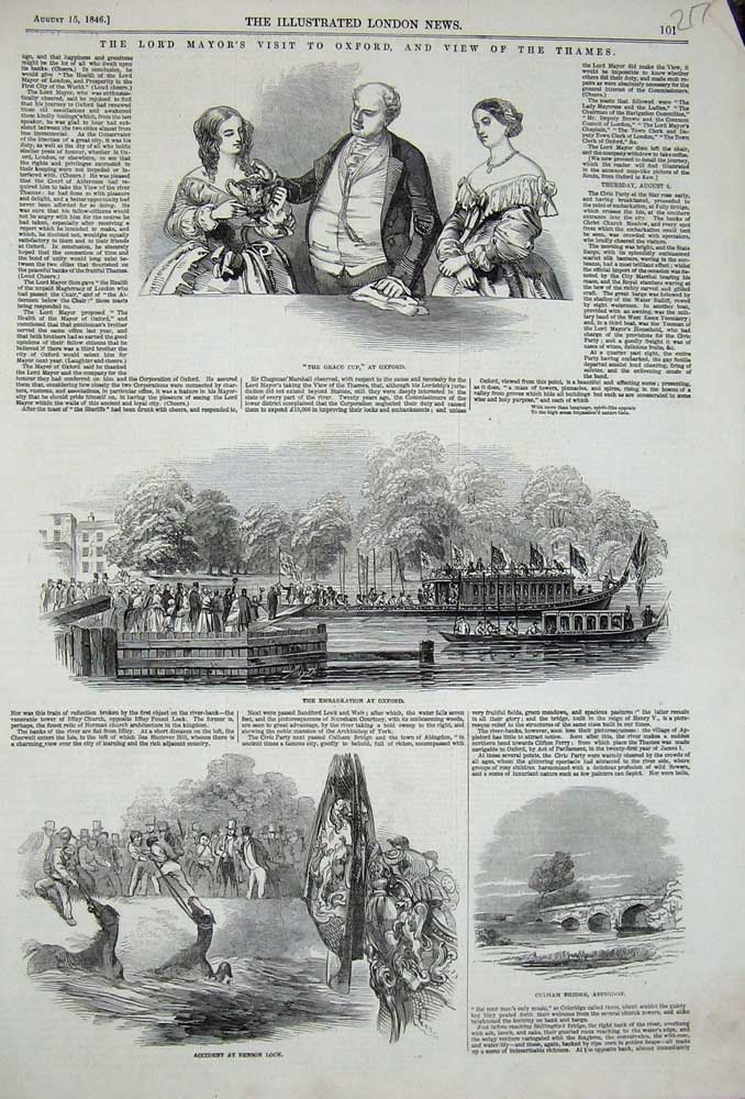 Old Antique Print 1846 Benson Lock Culham Bridge Oxford Lord Mayor Grace 19th