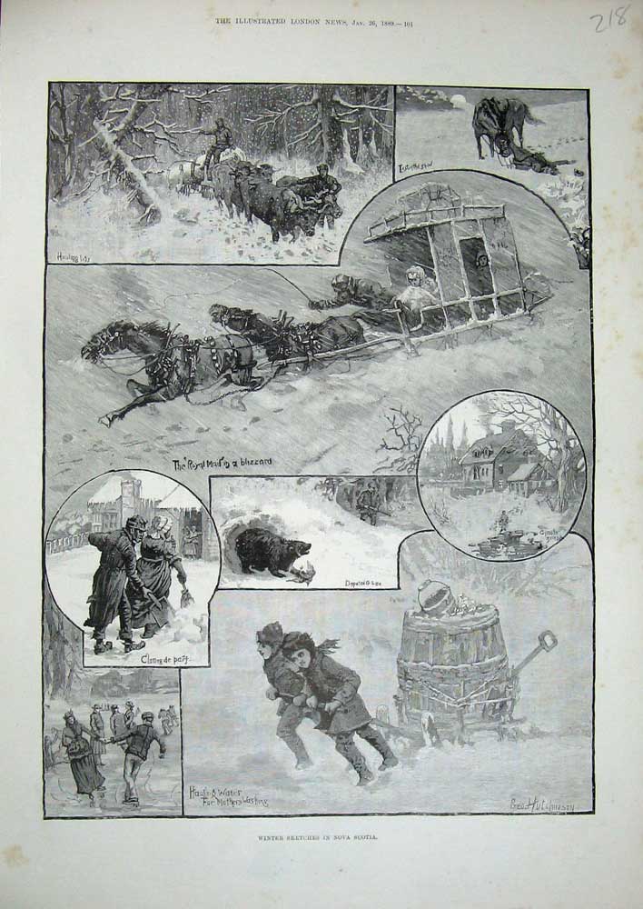 Old Antique Print 1889 Winter Sketches Nova Scotia Blizzard Ice Skating 19th