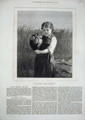 Old Antique Print 1877 Little Girl Field Rye Country Water Jug Fine Art 19th
