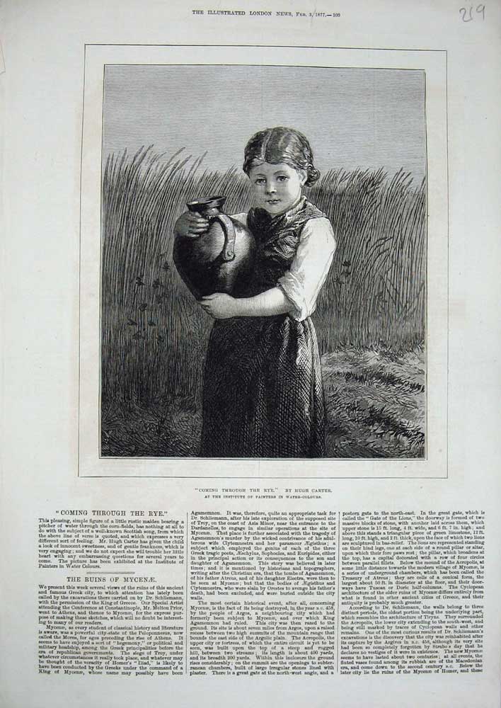 Old Antique Print 1877 Little Girl Field Rye Country Water Jug Fine Art 19th