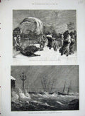 Old Antique Print 1881 Storm Ryde Railway Pier Ship Fleet Stree Snowstorm 19th
