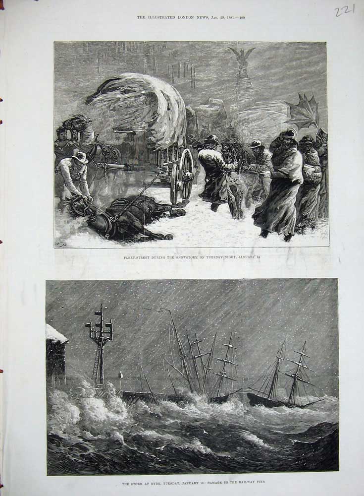 Old Antique Print 1881 Storm Ryde Railway Pier Ship Fleet Stree Snowstorm 19th