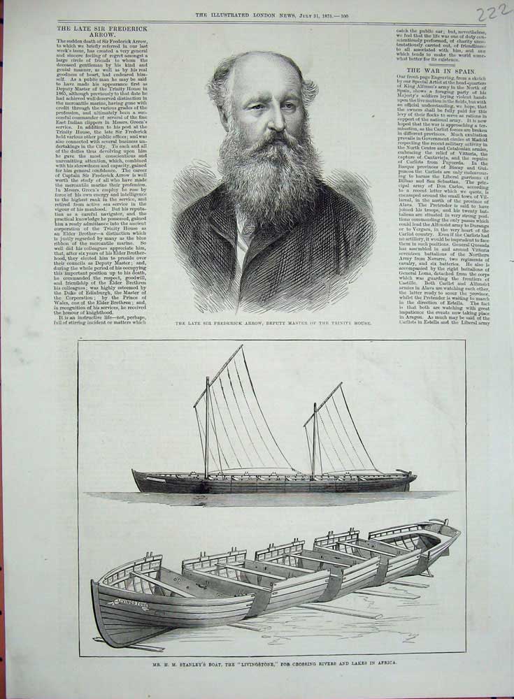 Old Antique Print 1875 Frederick Arrow Trinity House Livingstone Stanley 19th