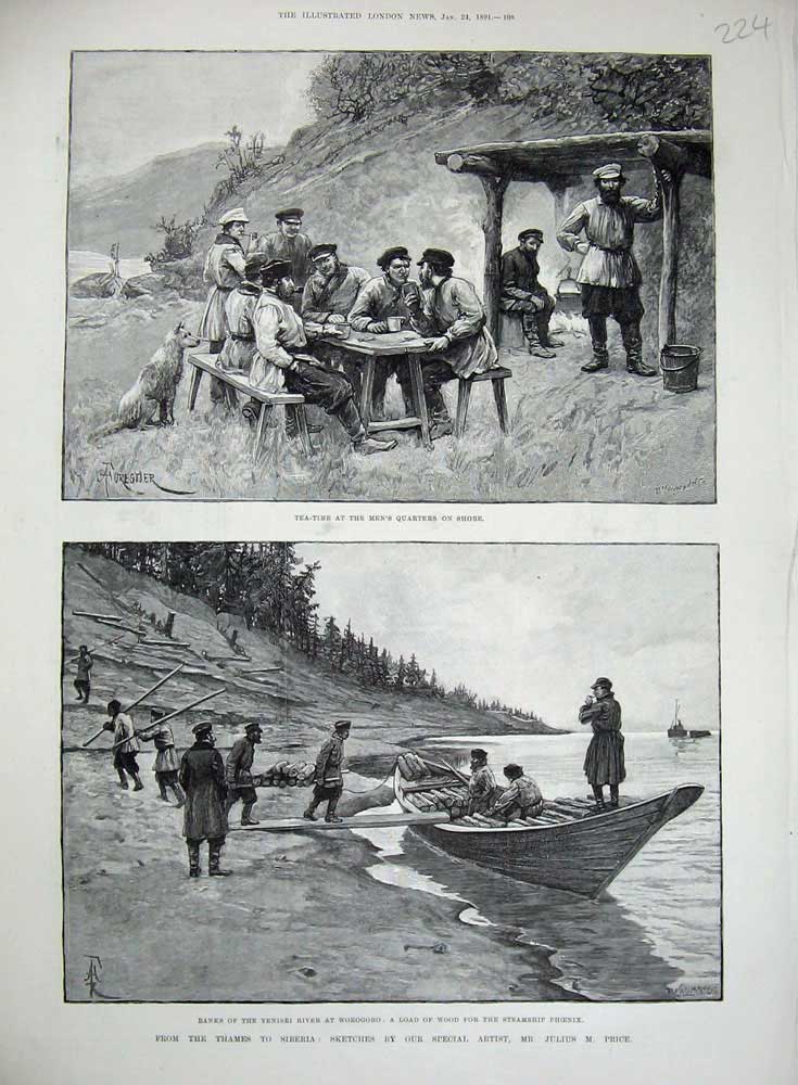 Old Antique Print 1891 Yenisei River Worogoro Steam Ship Phoenix War Art 19th
