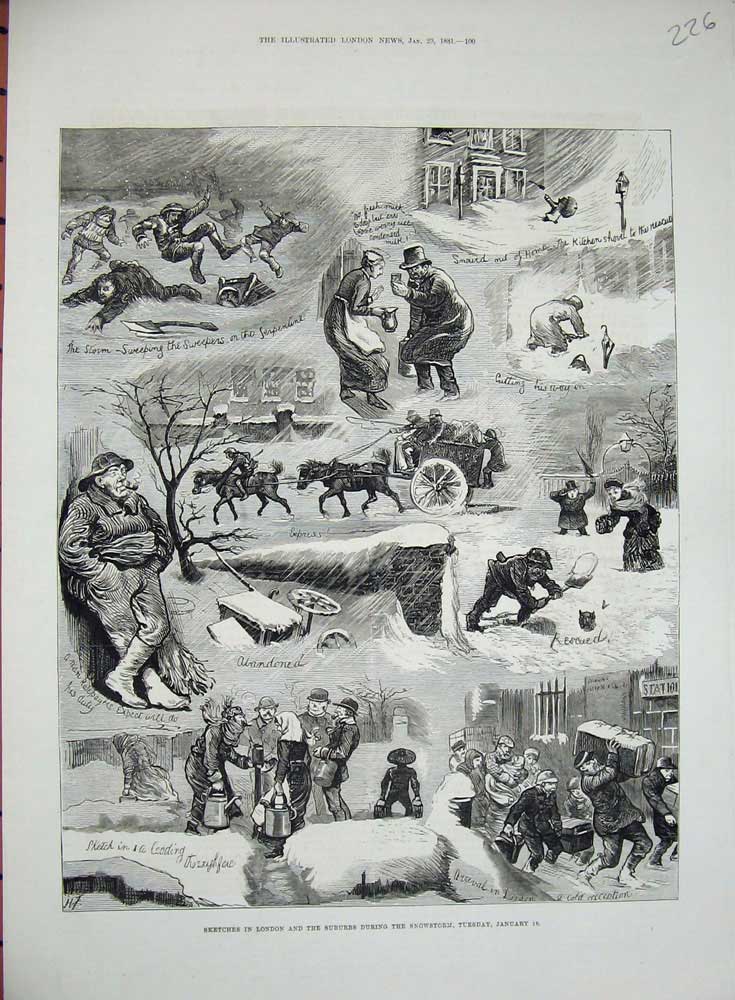 Original Old Antique Print 1881 London Suburbs Snowstorm Horse Carriage Winter