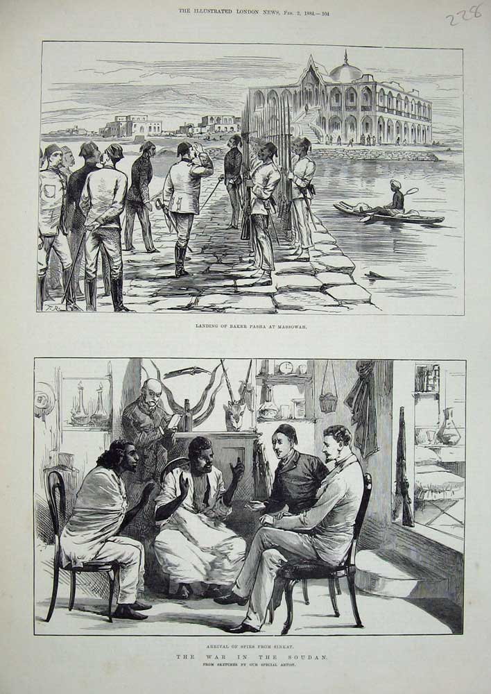 Original Old Antique Print 1884 Baker Pasha Massowah Spies Sinkat War Soudan