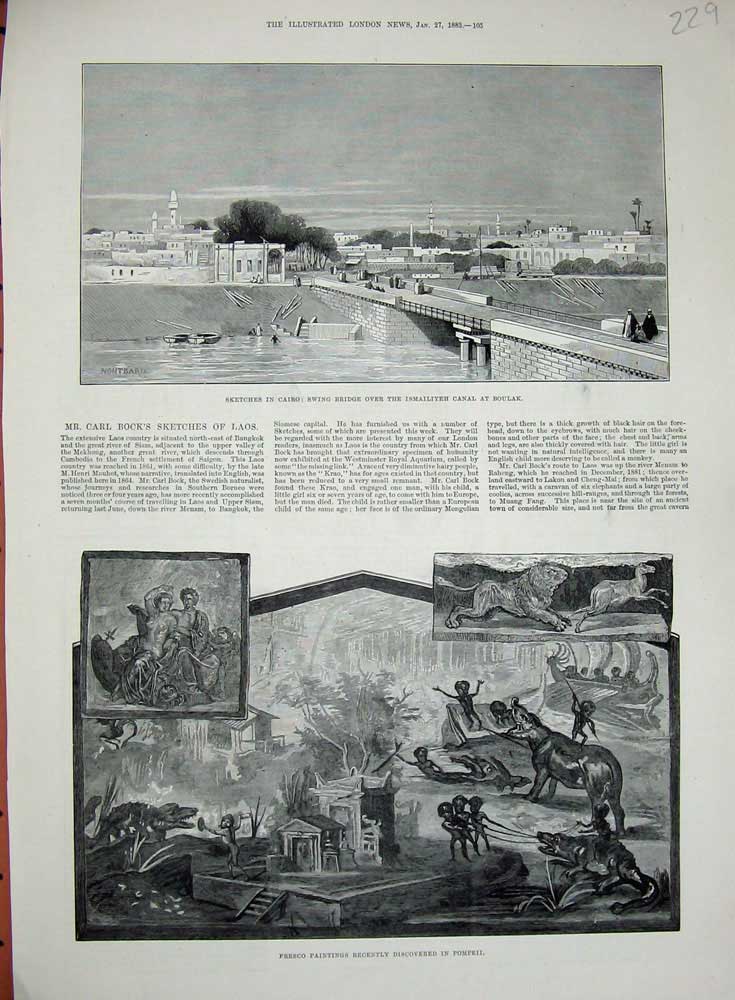 Old Antique Print 1883 Cairo Egypt Ismailiyeh Canal Boulak Fresco Pompeii 19th
