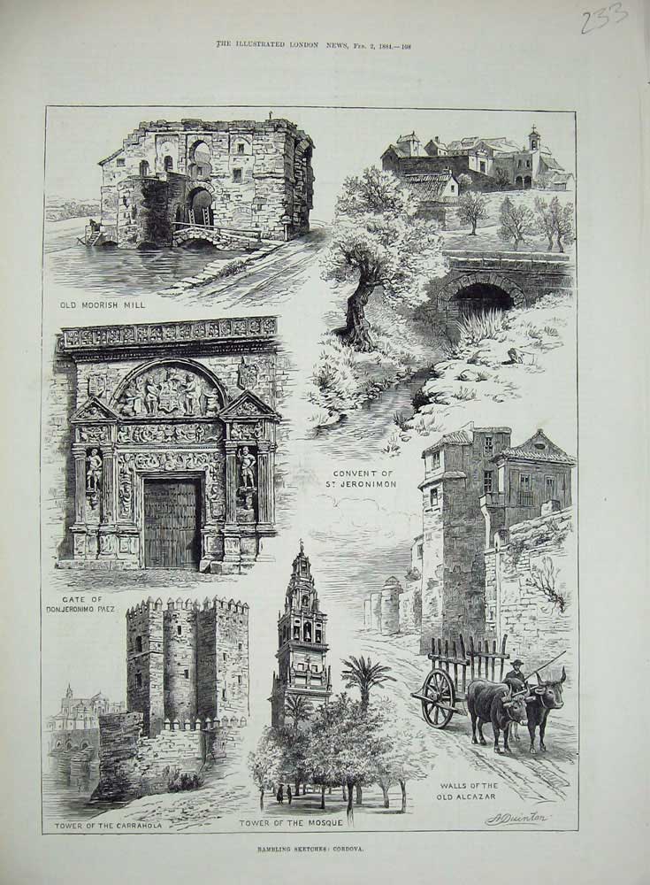 Original Old Antique Print 1884 Cordova Tower Mosque Alcazar Carrahola Moorish