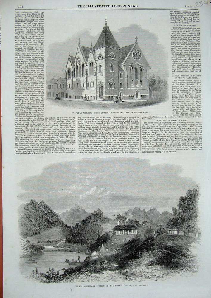Old Antique Print 1864 Paul'S Working Mens Church Birkenhead New Zealand 19th