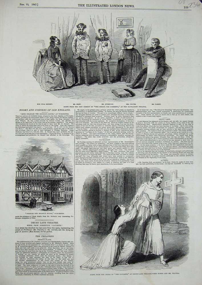 Original Old Antique Print 1847 Drury Lane Theatre Worcester School Scheming