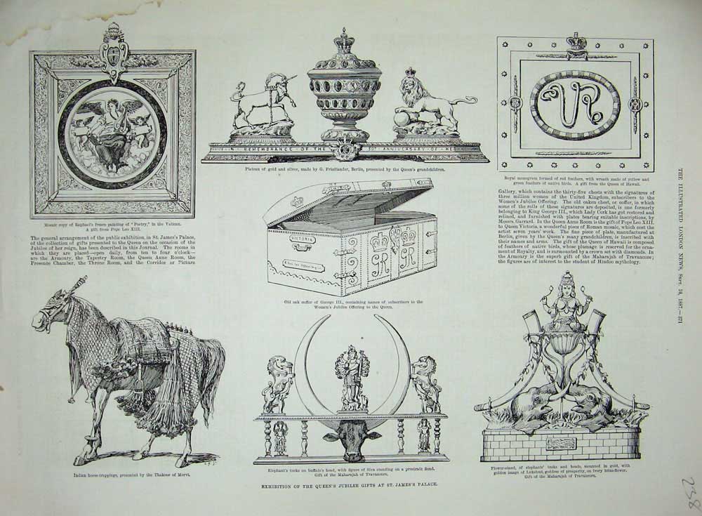 Original Old Antique Print Queen'S Jubilee Gifts St James'S Palace 1887 Coffer