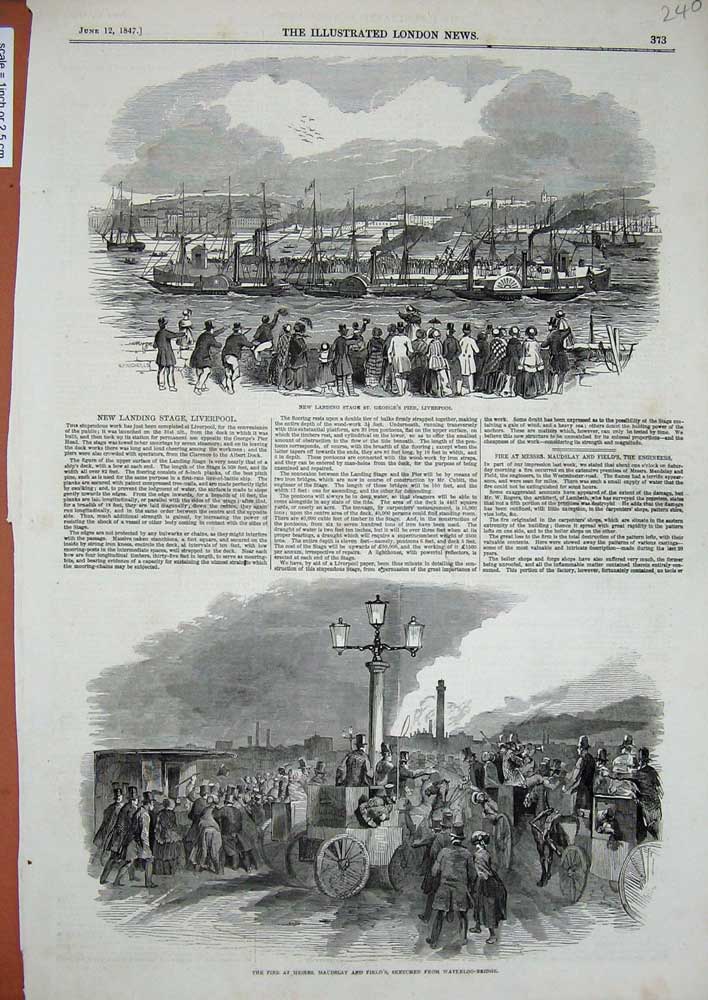 Old Antique Print 1847 Fire Maudslay Waterloo Bridge Liverpool George'S 19th