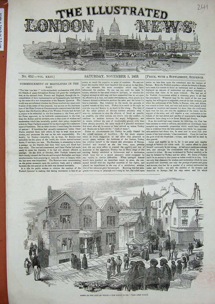 Original Old Antique Print 1853 Scene Riot Wigan Royal Hotel Street Victorian