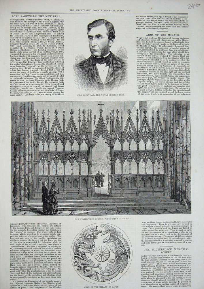 Original Old Antique Print 1876 Lord Sackville Winchester Cathedral Arms Mikado