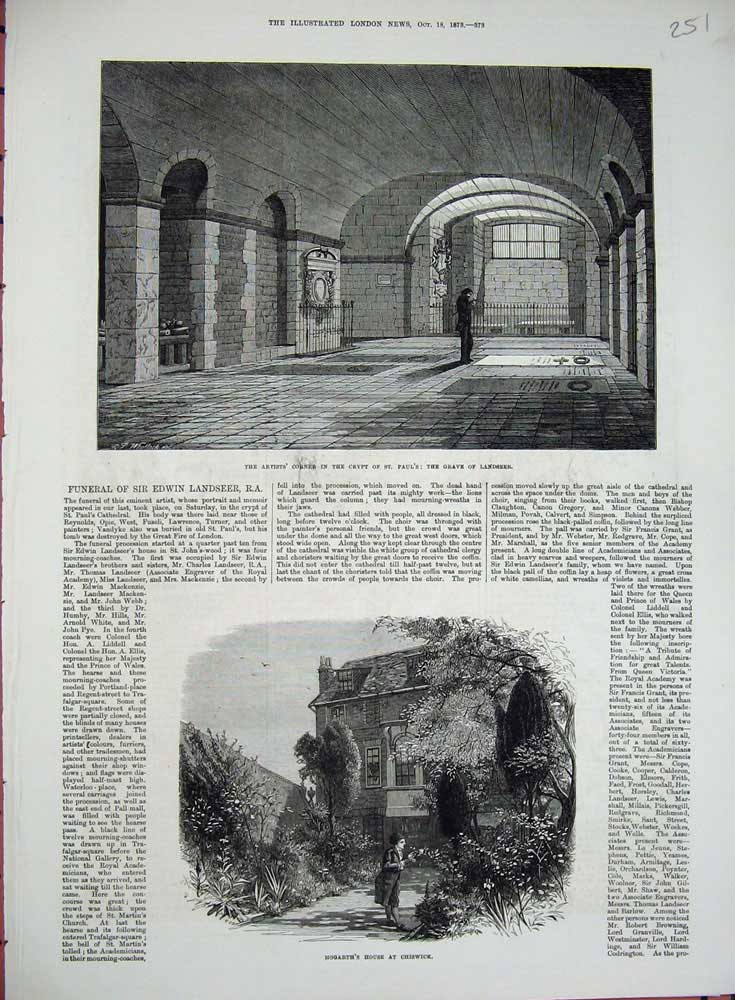 Old Antique Print 1878 Hogarth House Chiswick St Paul'S Cathedral Crypt 19th