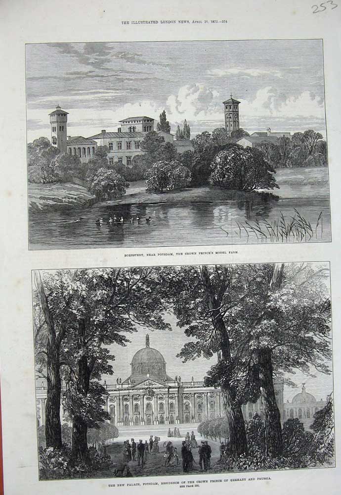 Original Old Antique Print 1872 Bornstedt Potsdam Palace Crown Prince Germany