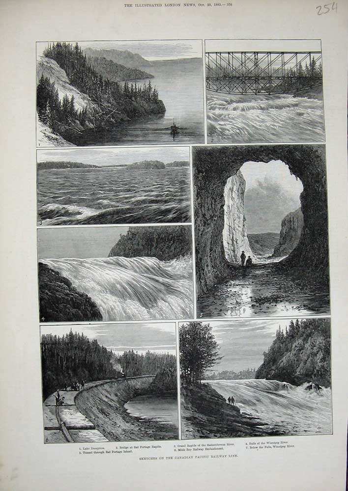 Old Antique Print 1883 Canadian Pacific Railway Mink Bay Winnipeg River 19th
