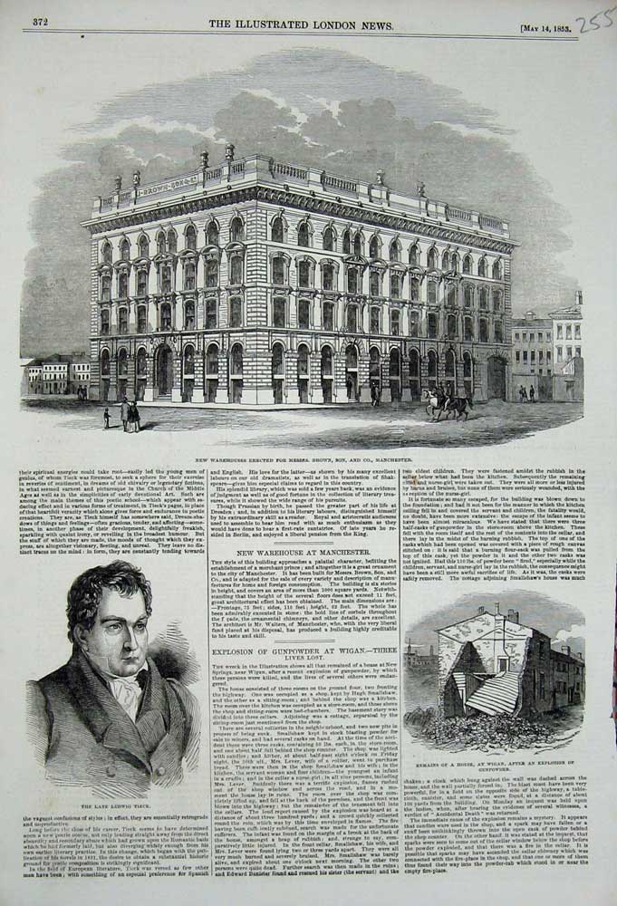Original Old Antique Print 1853 Warehouse Brown Manchester Ludwig Tieck Wigan