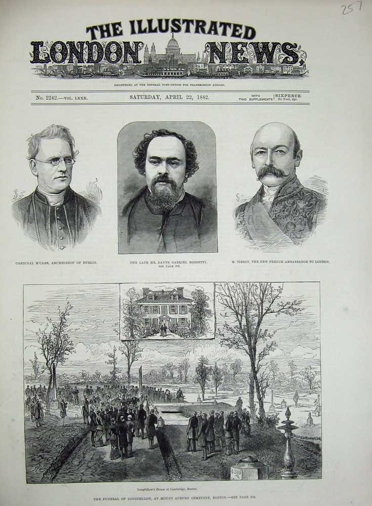 Old Antique Print 1882 Funeral Longfellow Boston Rossetti Tissot M'Cabe 19th