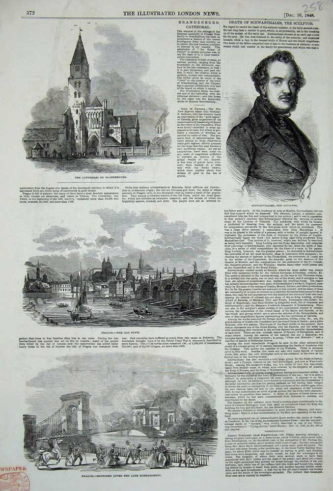 Old Antique Print 1848 Prague Cathedral Brandenburg Schwanthaler Sculptor 19th