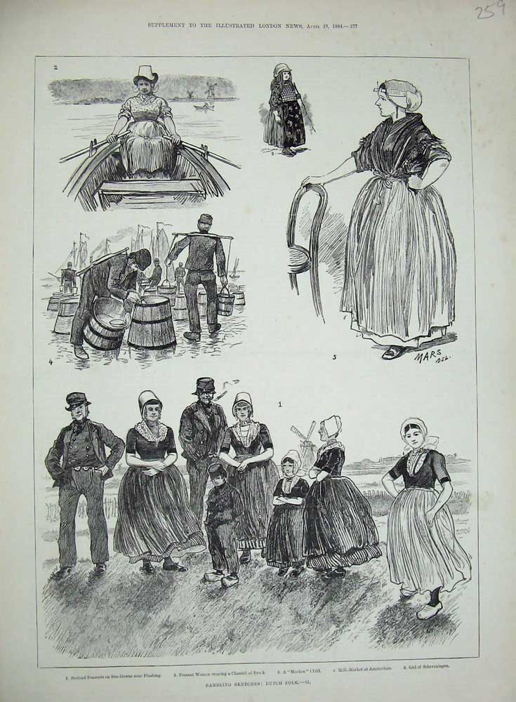 Original Old Antique Print 1884 Dutch Folk Zeeland Peasants Amsterdam Flushing