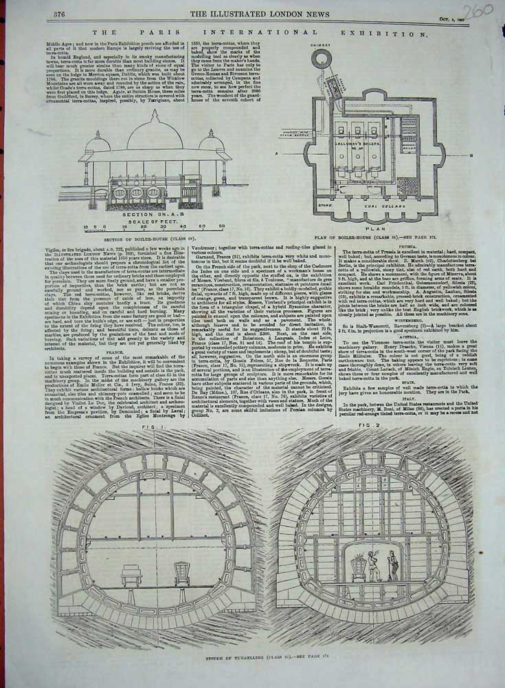 Original Old Antique Print 1867 System Tunnelling Boiler House Paris Exhibition