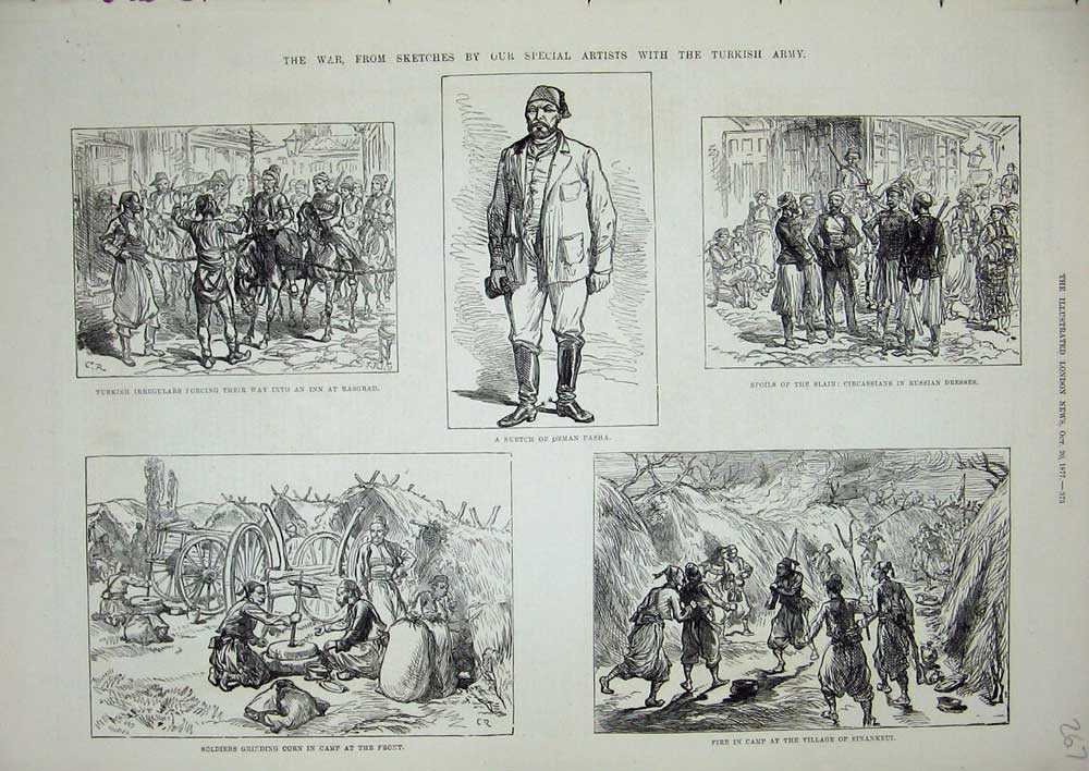 Original Old Antique Print 1877 War Turkish Army Osman Pasha Sinankeui Siers